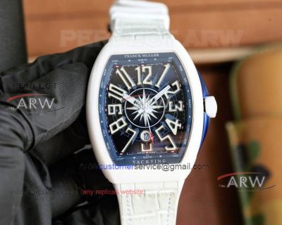 AAA replica Franck Muller V45 blue face white ceramic case leather strap watch 45mm 